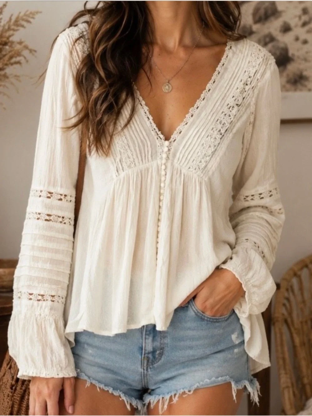 Free People Crochet Trim Peasant Blouse EUC